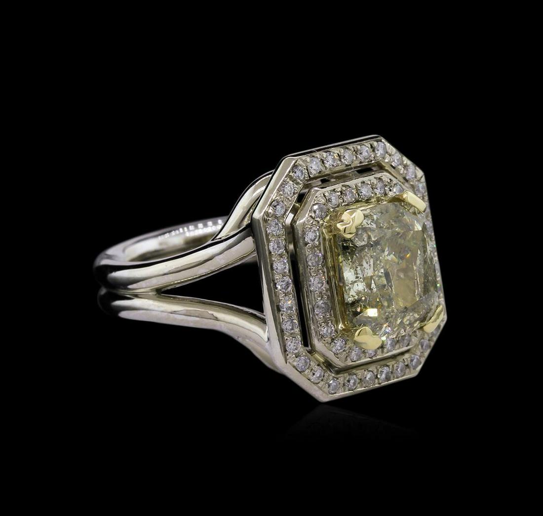 3.36 ctw Fancy Light Greenish Yellow Diamond Ring -: One electronically tested 14KT white and yellow gold lady's combination cast & assembled wedding ring with a double split shank with a bright polish finish. The featured lady's ring has a double shank