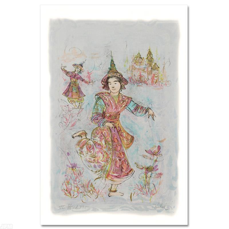 Thai Dancers by Hibel (1917-2014): Thai Dancers by Hibel (1917-2014). "Thai Dancers" is a limited edition lithograph on paper, numbered and hand signed by Edna Hibel (1917-2014). Includes Certificate of Authenticity! Measures approx. 1