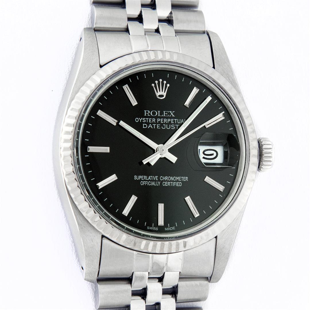 Rolex Mens Stainless Steel Black Index 36mm Datejust: One Mens Rolex Datejust Polished, Serviced & Electronically Tested, Stainless Steel Case: 36mm, Stainless Steel Crown, Bezel: 14K White Gold Fluted Bezel. Custom Crystal: Acrylic Cyclops Lens. Custom