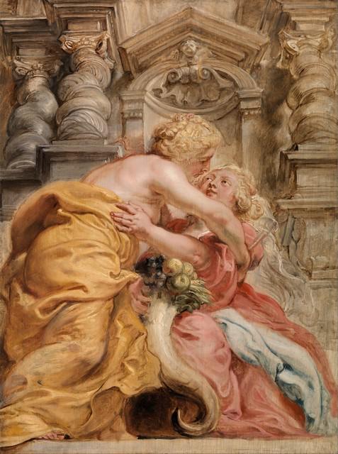 Sir Peter Paul Rubens - Peace Embracing Plenty: Artist: Sir Peter Paul Rubens - Title: Peace Embracing Plenty - Medium: Fine Art Reproduction Giclee on Canvas - Image Size: Approximately 20 inches x 15 inches - Unframed on Unstretched Canvas - Biog