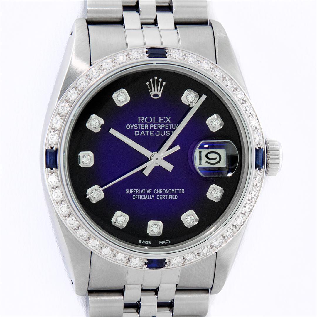 Rolex Mens Stainless Steel Blue Vignette Diamond &: One Mens Rolex Datejust Polished Bright with Satin Finish, This Watch Has Been Serviced & Electronically Tested, Stainless Steel Case: 36mm, Stainless Steel Crown, Custom Bezel: New 18K White Gold Sap