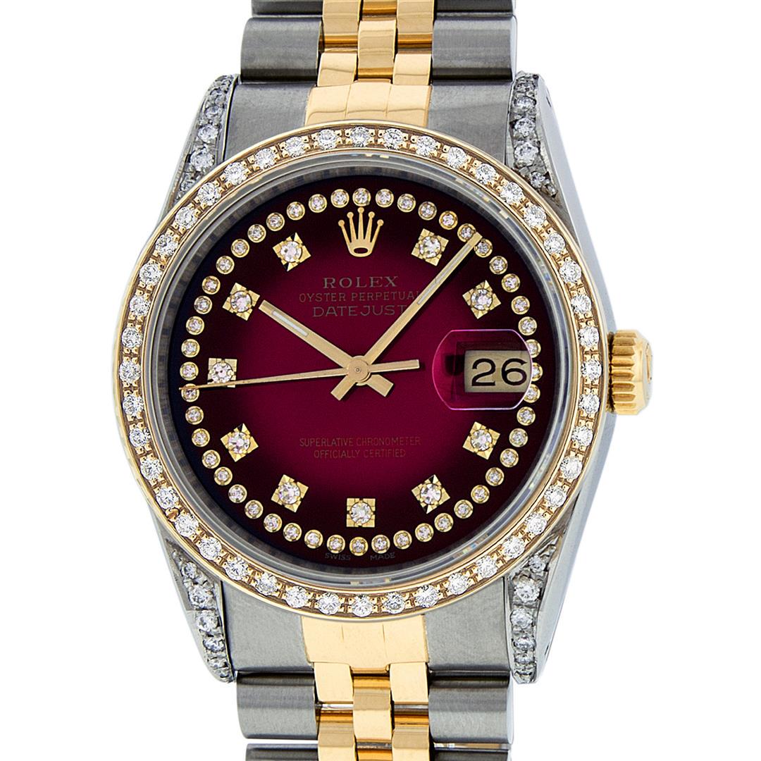 Rolex Mens 2 Tone Diamond Lugs Red Vignette Diamond: One Mens Yellow Gold Two Tone Rolex Datejust Polished, Serviced & Electronically Tested, Yellow Gold & Stainless Steel Case: 36mm, Custom Diamond Lugs: 28 Diamonds In Lugs, Color: G to H, Clarity: SI-