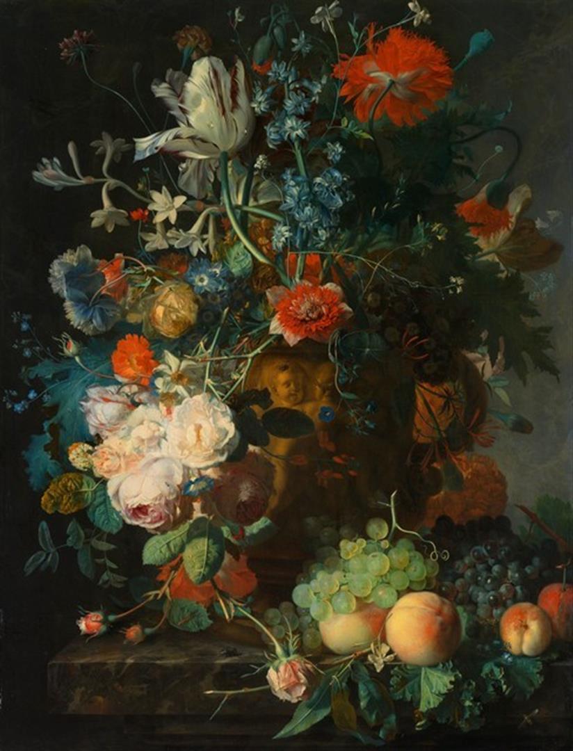 Jan van Huysum - Still Life with Flowers and Fruit: Artist: Jan Van Huysum - Title: Still Life with Flowers and Fruit - Medium: Fine Art Reproduction Giclee on Canvas - Image Size: Approximately 32 inches x 24.25 inches - Unframed on Unstretched Canvas