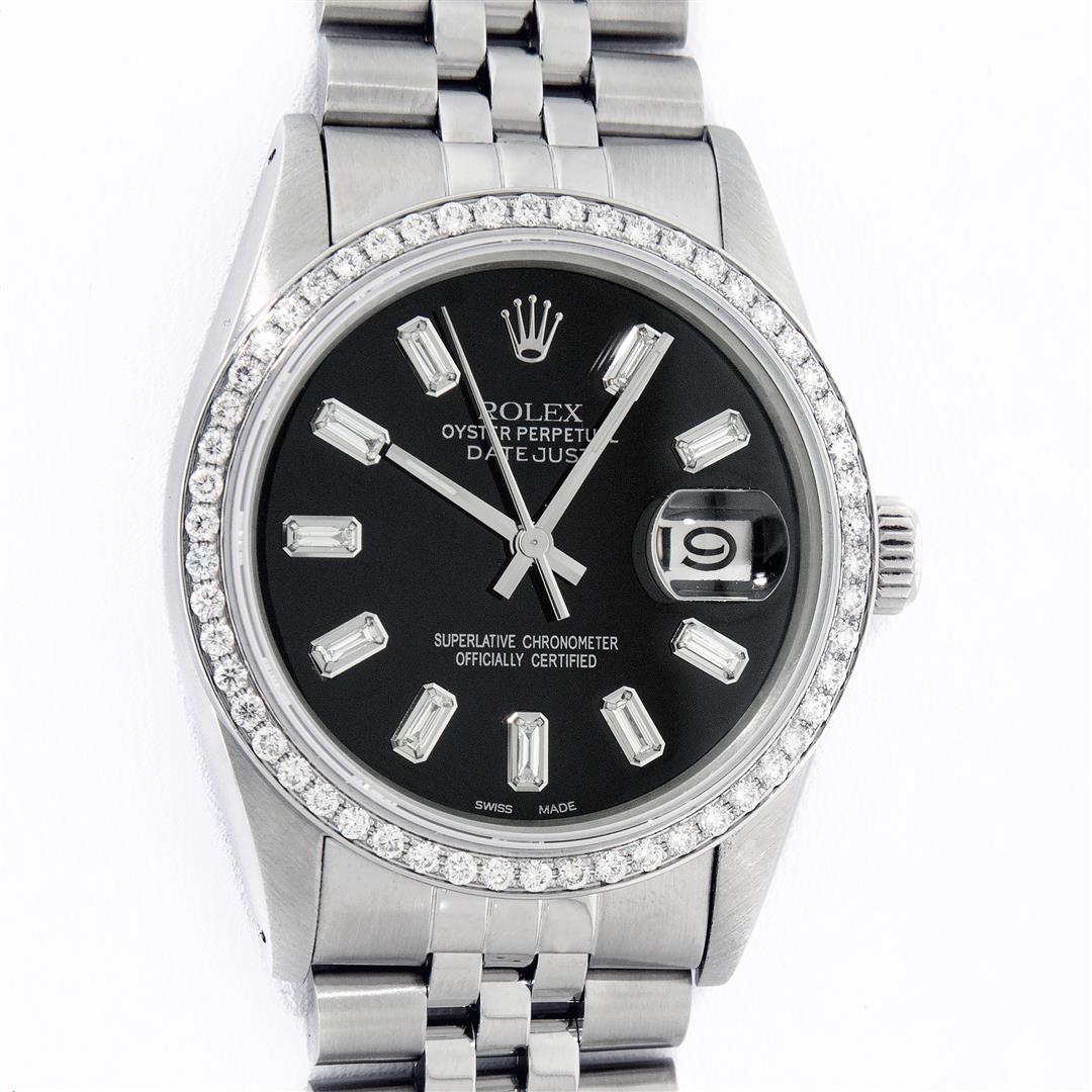 Rolex Mens Stainless Steel Black Baguette Diamond 36MM: One Mens Rolex Stainless Steel Datejust Polished Bright with Satin Finish, This Watch Has Been Serviced & Electronically Tested, Stainless Steel Case: 36mm, Stainless Steel Crown, Custom Bezel: New St