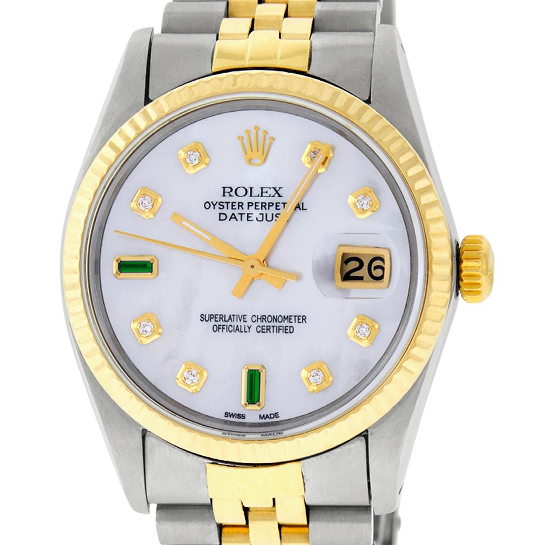 Rolex Mens 2 Tone Mother Of Pearl Diamond 36MM Datejust: One Mens Yellow Gold Two Tone Rolex Datejust Polished, Serviced & Electronically Tested, Yellow Gold & Stainless Steel Case: 36mm, Yellow Gold Crown, Bezel: Yellow Gold Fluted Bezel. Custom Crystal: N