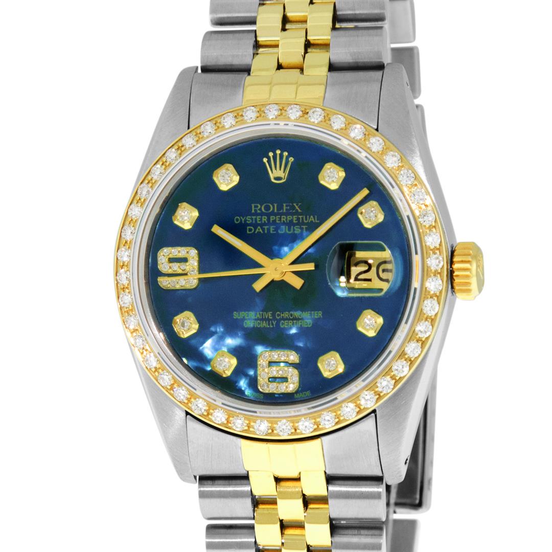 Rolex Mens 2 Tone Blue MOP Diamond 36MM Datejust: One Mens Yellow Gold Two Tone Rolex Datejust Polished, Serviced & Electronically Tested, Yellow Gold & Stainless Steel Case: 36mm, Yellow Gold Crown, Custom Bezel: New 18K Yellow Gold Beadset Diamond