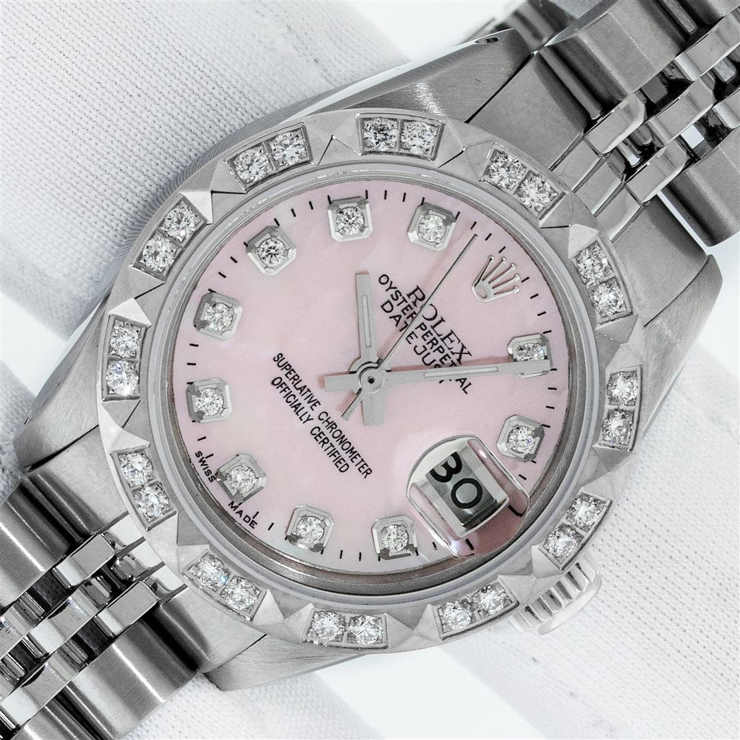 Rolex Ladies Stainless Steel Pink MOP Pyramid Diamond: One Ladies Stainless Steel Rolex Datejust Polished Bright with Satin Finish, Serviced & Electronically Tested, Stainless Steel Case: 26mm, Stainless Steel Crown, Custom Bezel: New 18K White Gold Pyram