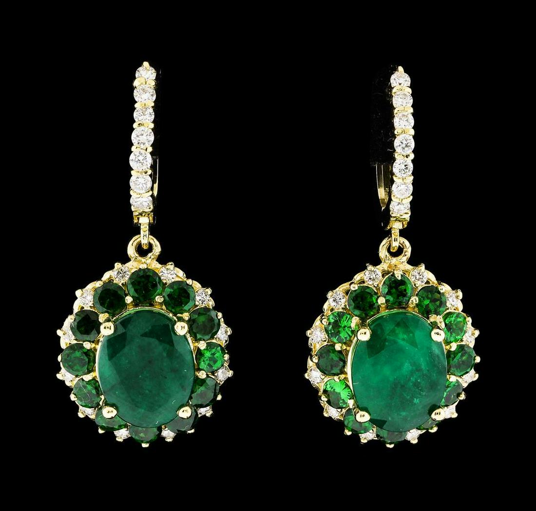 9.71 ctw Emerald and Diamond Earrings - 14KT Yellow: One pair electronically tested 14KT yellow gold lady's combination cast & assembled fashion dangle earrings with hinged, snap locking posts with a double basket halo with a bright polish finish. The f
