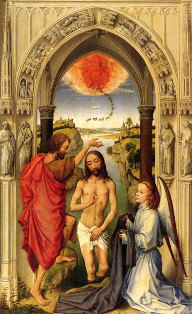 Rogier van der Weyden - Baptism of Chris: Artist: Rogier van der Weyden - Title: Baptism of Christ - Medium: Fine Art Giclee on Canvas - mage Size: Approximately 32 inches x 19.5 inches - Unframed on Unstretched Canvas - Biography: Rogier van