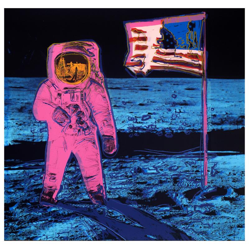 Moonwalk by Warhol, Andy: Moonwalk by Warhol, Andy. "Moonwalk (Pink)" is a limited edition silk screen print on museum board from Sunday B Morning featuring the works of Andy Warhol. The piece is stamped in blue on the back wi