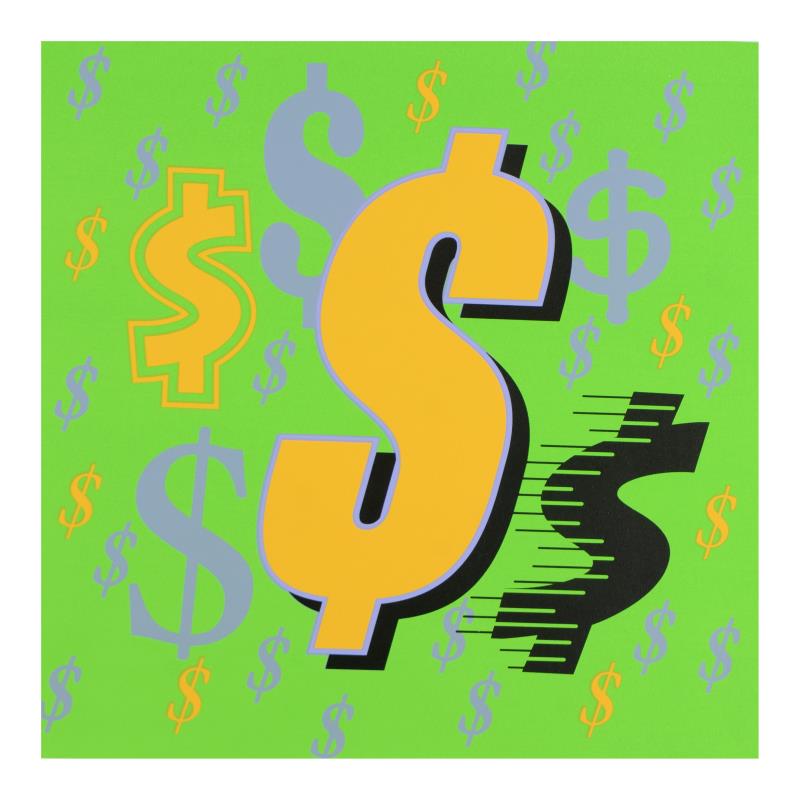 Dollar Signs (Green Italic) by Steve Kaufman: Dollar Signs (Green Italic) by Steve Kaufman (1960-2010). "Dollar Sign" is a limited edition hand pulled silkscreen on canvas by Andy Warhol protege Steve Kaufman (1960-2010). This piece is numbered 1