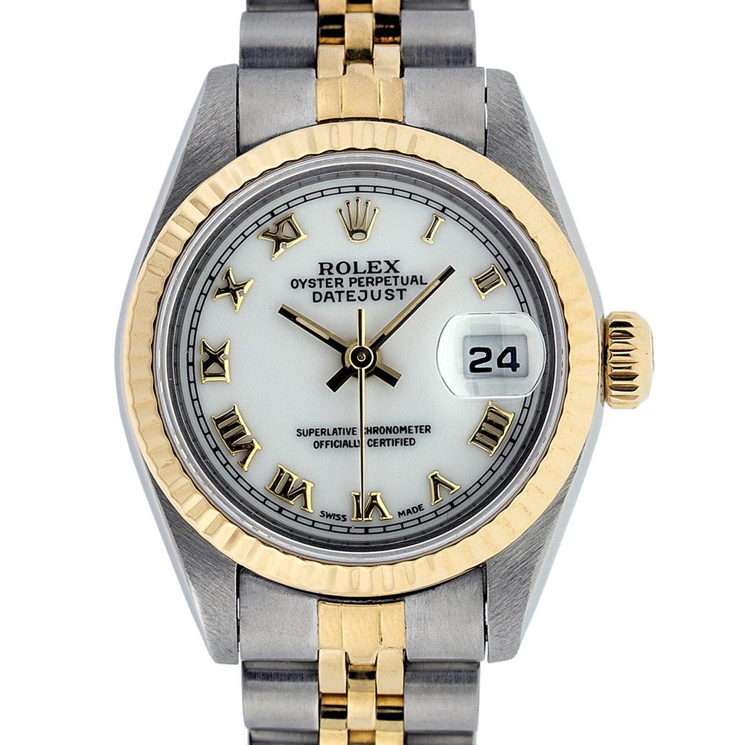 Rolex Ladies Quickset 2T 18K MOP Roman Datejust Oyster: One Ladies 18K Two Tone Rolex Datejust Polished, Serviced & Electronically Tested, 18K Yellow Gold & Stainless Steel, Case Size: 26mm, 18K Yellow Gold Crown, Bezel: 18K Yellow Gold Fluted Bezel. Custo
