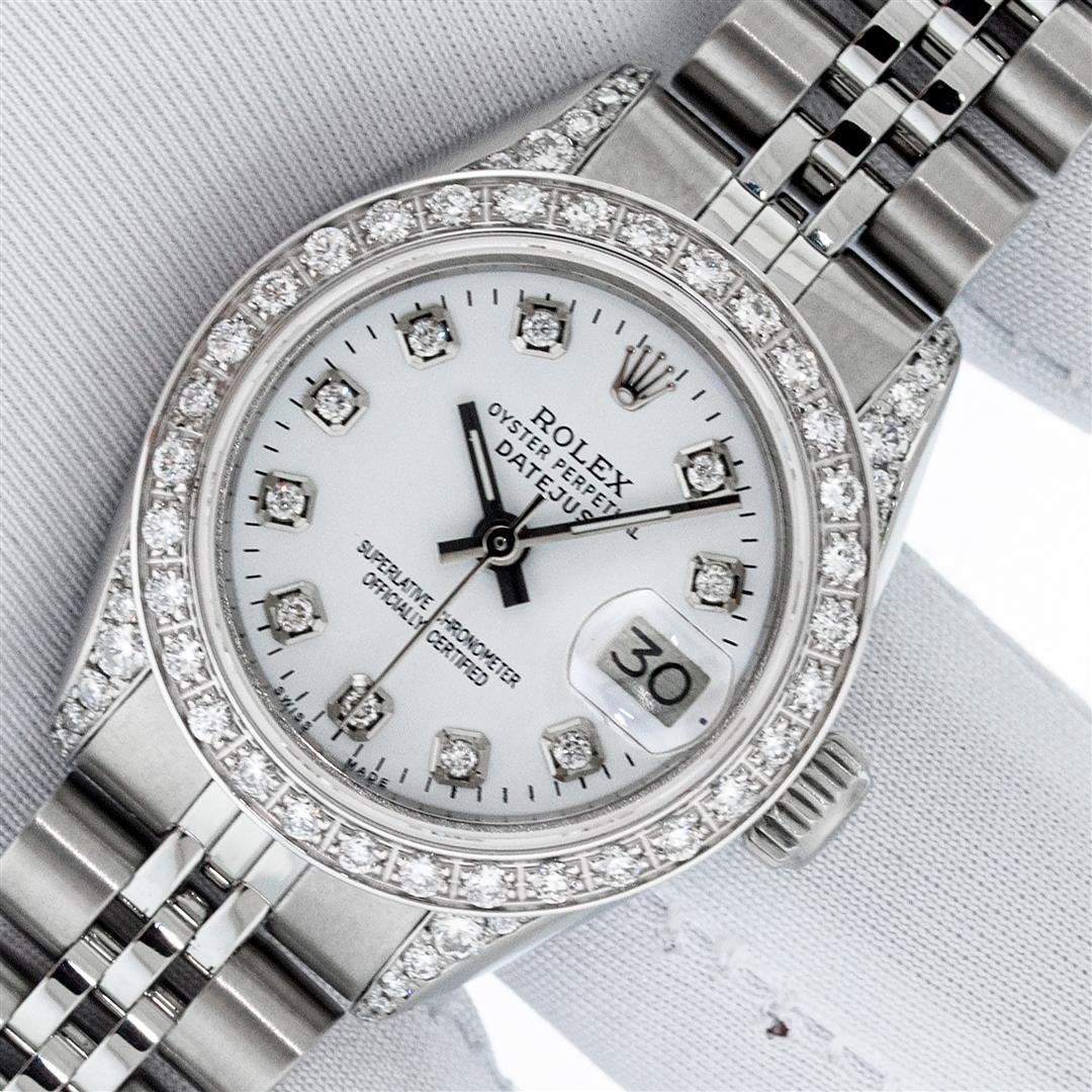 Rolex Ladies Stainless Steel White Diamond Lugs &: One Ladies Stainless Steel Rolex Datejust Polished Bright with Satin Finish, Serviced & Electronically Tested, Stainless Steel Case: 26mm, Stainless Steel Crown, Diamond Lugs: 24 Diamonds On Lugs, Cla
