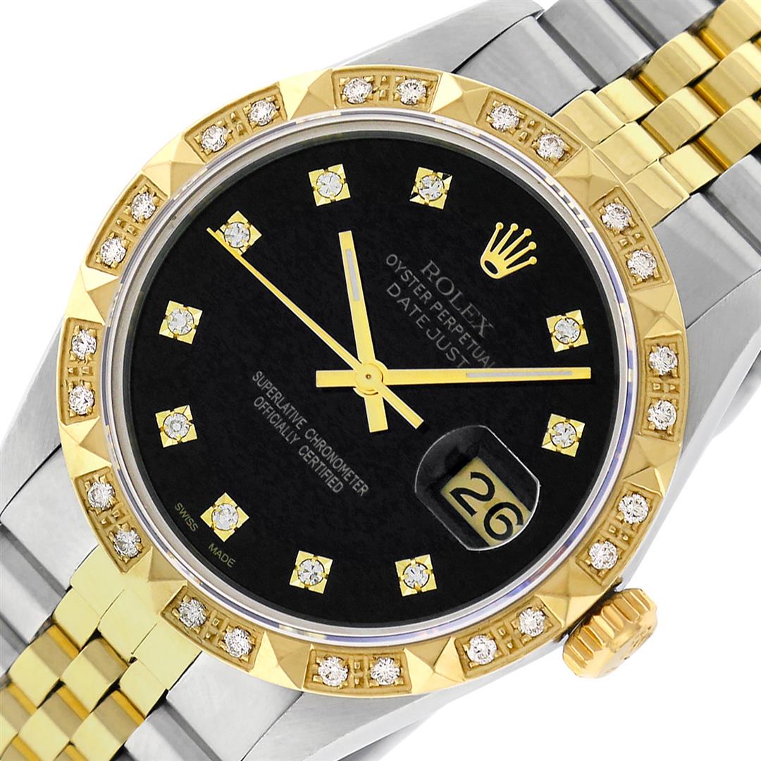 Rolex Mens 2 Tone Black Diamond Pyramid Bezel 36MM: One Mens Yellow Gold Rolex Datejust Polished Bright with Satin Finish, Serviced & Electronically Tested, Stainless Steel Case: 36mm, Yellow Gold Crown, Custom Bezel: New 18K Yellow Gold Pyramid Diamon