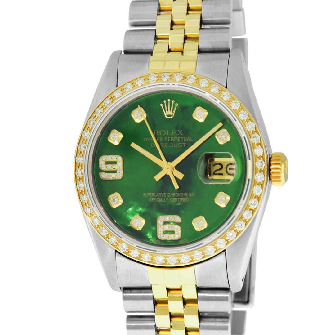 Rolex 2 Tone YG/SS Green Diamond Oyster Perpetual: One Mens Yellow Gold Two Tone Rolex Datejust Polished, Serviced & Electronically Tested, Yellow Gold & Stainless Steel Case: 36mm, Yellow Gold Crown, Custom Bezel: New 18K Yellow Gold Beadset Diamond