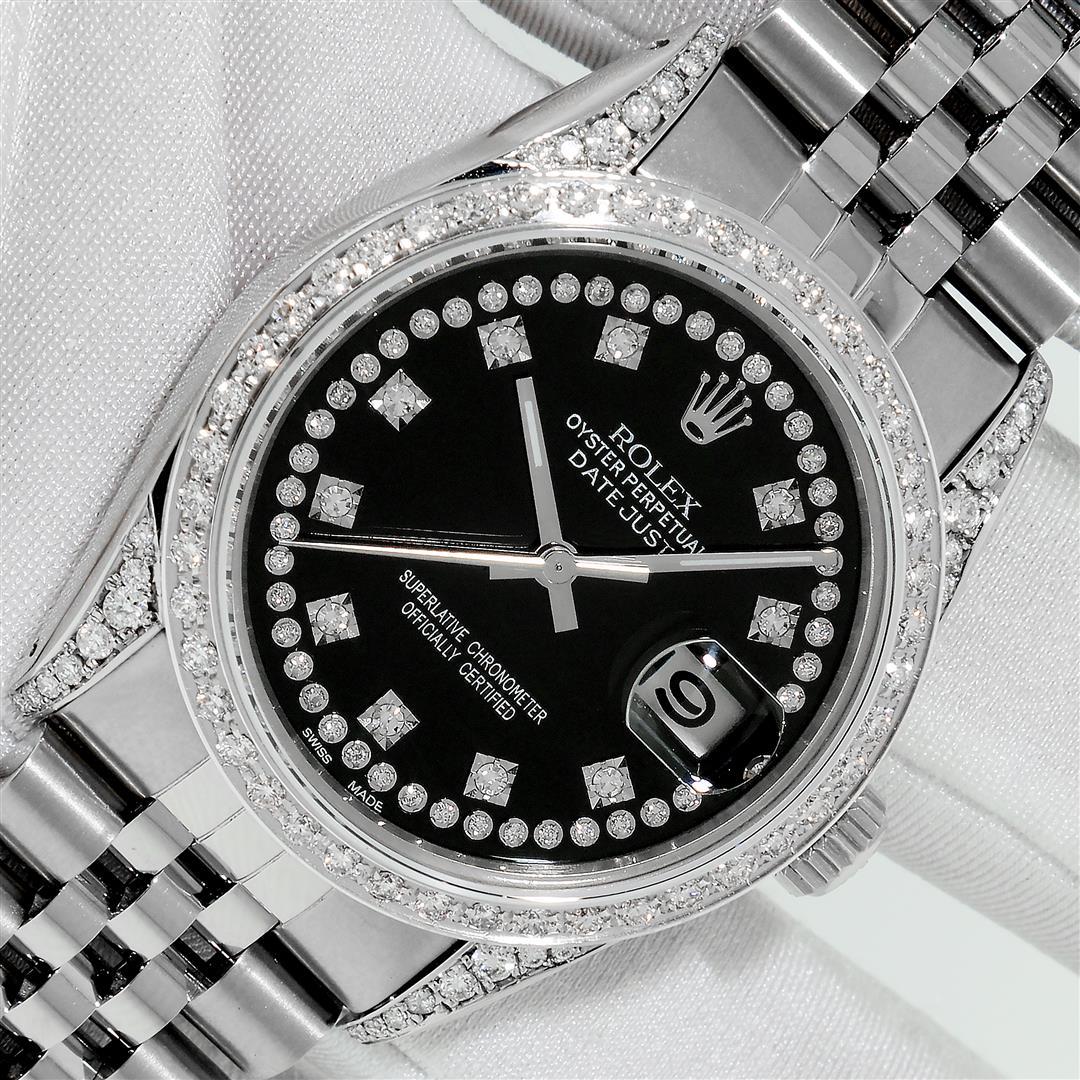Rolex Mens Stainless Steel Black String Diamond Lugs: One Mens Rolex Datejust Polished Bright with Satin Finish, Serviced & Electronically Tested, Stainless Steel Case: 36mm, Custom Diamond Lugs: 28 Diamonds On Lugs, Color: G to H, Clarity: SI-VS. Stainl