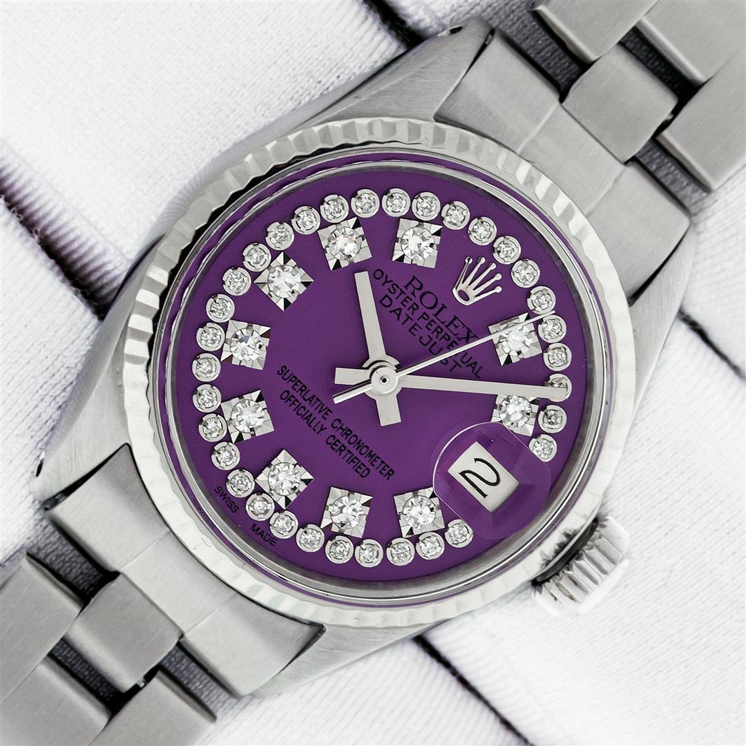 Rolex Ladies Datejust 26 Purple String VS Diamond: One Ladies Stainless Steel Rolex Oyster Perpetual Datejust Polished Bright with Satin Finish, Serviced & Electronically Tested, Stainless Steel Case: 26mm, Stainless Steel Crown, Bezel: Rolex White Go