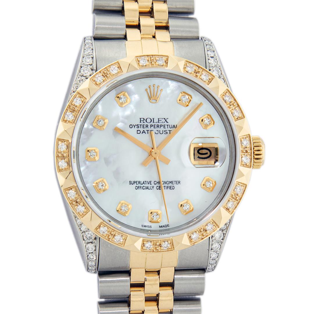 Rolex Mens 2 Tone Lugs MOP Diamond Pyramid Diamond 36MM: One Mens Yellow Gold & Stainless Steel Datejust Polished Bright with Satin Finish, Serviced & Electronically Tested, Stainless Steel Case: 36mm, Custom Diamond Lugs: 28 Diamonds In Lugs, Color: G to H