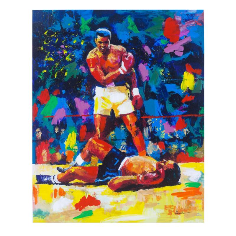 Ali Over Liston by Semeko, Igor: Ali Over Liston by Semeko, Igor. "Ali Over Liston" is a unique mixed media overpaint on canvas by Igor Semeko. The piece is hand signed by the artist, and come with a letter of authenticity. Measures 
