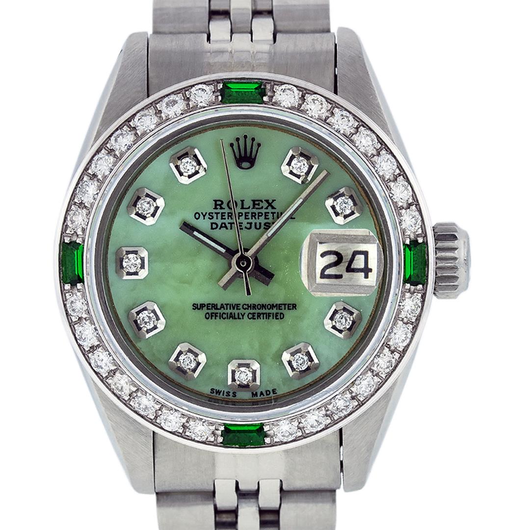 Rolex Ladies Stainless Steel Green MOP Diamond Datejust: One Ladies Stainless Steel Rolex Datejust Polished Bright with Satin Finish, Serviced & Electronically Tested, Stainless Steel Case: 26mm, Stainless Steel Crown. Custom Bezel: New 18K White Gold Beads