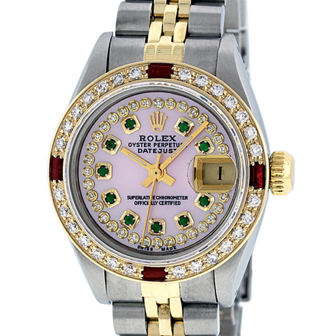 Rolex Ladies 2 Tone Pink MOP Emerald & Ruby Datejust: One Ladies Two Tone Rolex Datejust Polished, Serviced & Electronically Tested, Yellow Gold & Stainless Steel Case: 26mm, Yellow Gold Crown, Custom Bezel: New 18K New Yellow Gold Ruby Beadset Diamond B