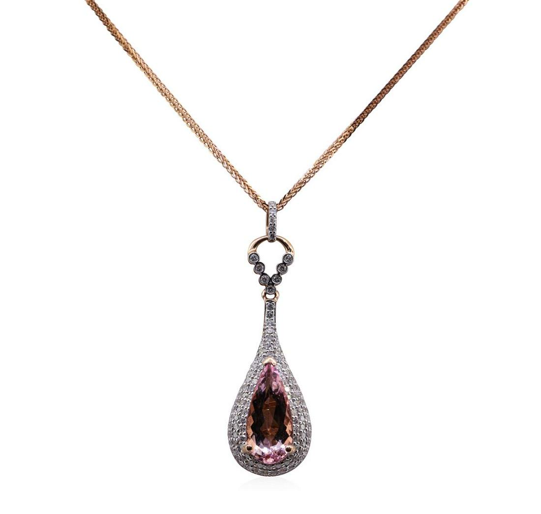 3.02 ctw Morganite and Diamond Pendant With Chain -: One 3.02ct Morganite and Diamond Pendant With Chain - 14KT Rose Gold. AIG certified. See Appraisal for more details. AIG Appraised.