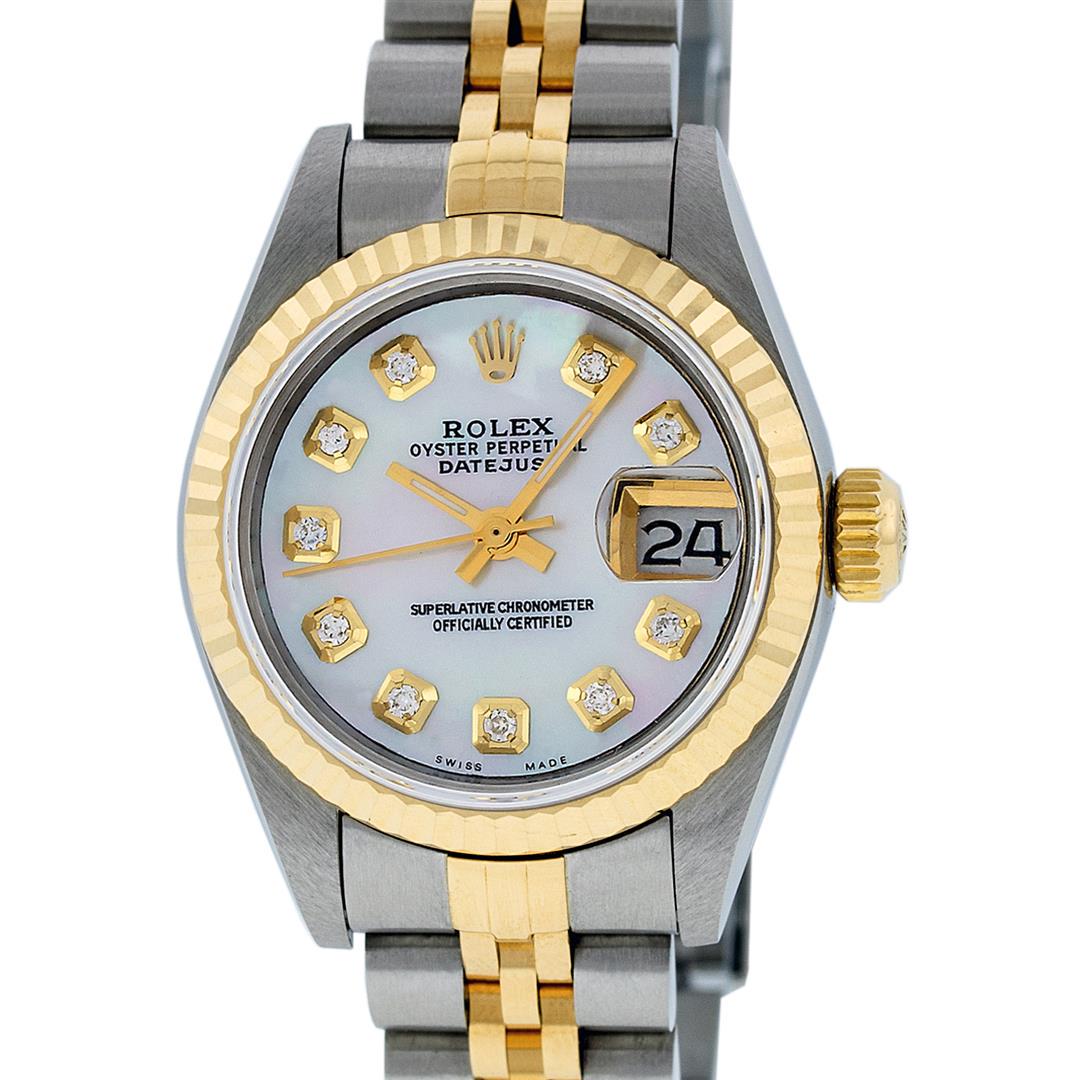 Rolex Ladies 2 Tone Quickset 18K Mother Of Pearl: Rolex Ladies 18K Two Tone Yellow Gold & Stainless Steel Rolex Datejust Polished, Serviced & Electronically Tested, 18K Yellow Gold & Stainless Steel, Case Size: 26mm, 18K Yellow Gold Crown, Bezel: New
