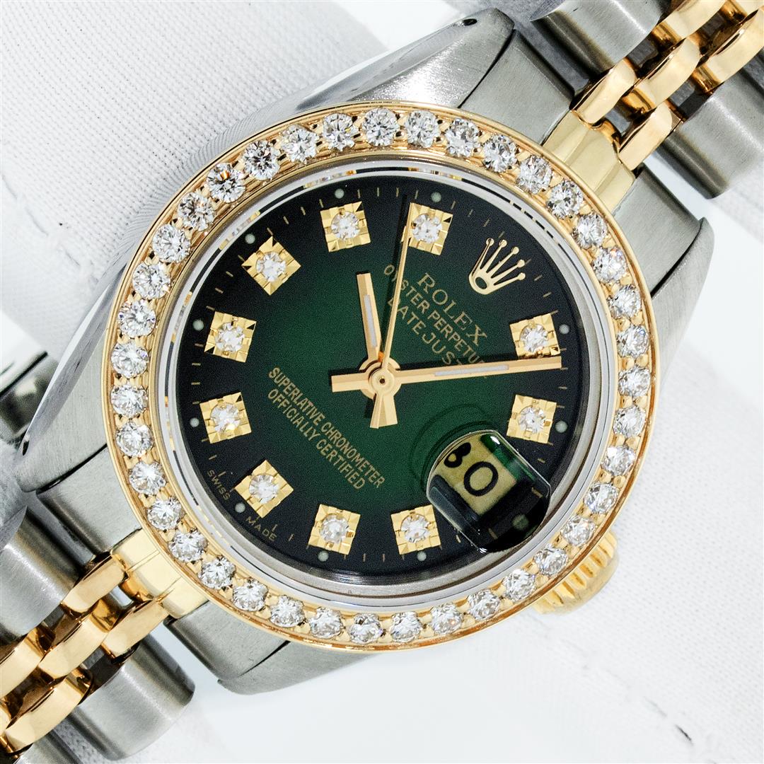 Rolex 2T YG/SS Green Vignette VS 1 ctw Diamond Oyster: One Ladies Two Tone Rolex Oyster Perpetual Datejust Polished, Serviced & Electronically Tested, Yellow Gold & Stainless Steel Case: 26mm, Yellow Gold Crown, Custom Bezel: New 18K 1ctw Yellow Gold Bead