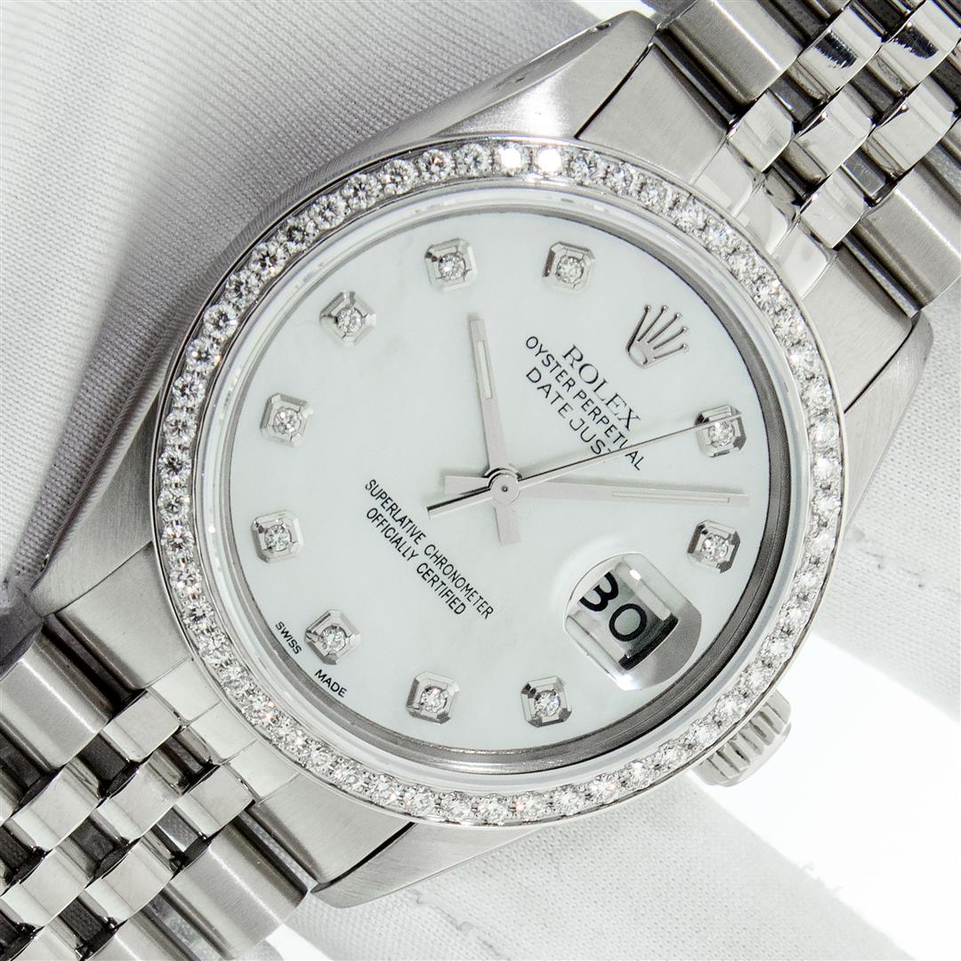 Rolex Mens Stainless Steel Mother Of Pearl Diamond 36MM: One Mens Rolex Stainless Steel Datejust Polished Bright with Satin Finish, This Watch Has Been Serviced & Electronically Tested, Stainless Steel Case: 36mm, Stainless Steel Crown, Custom Bezel: New St
