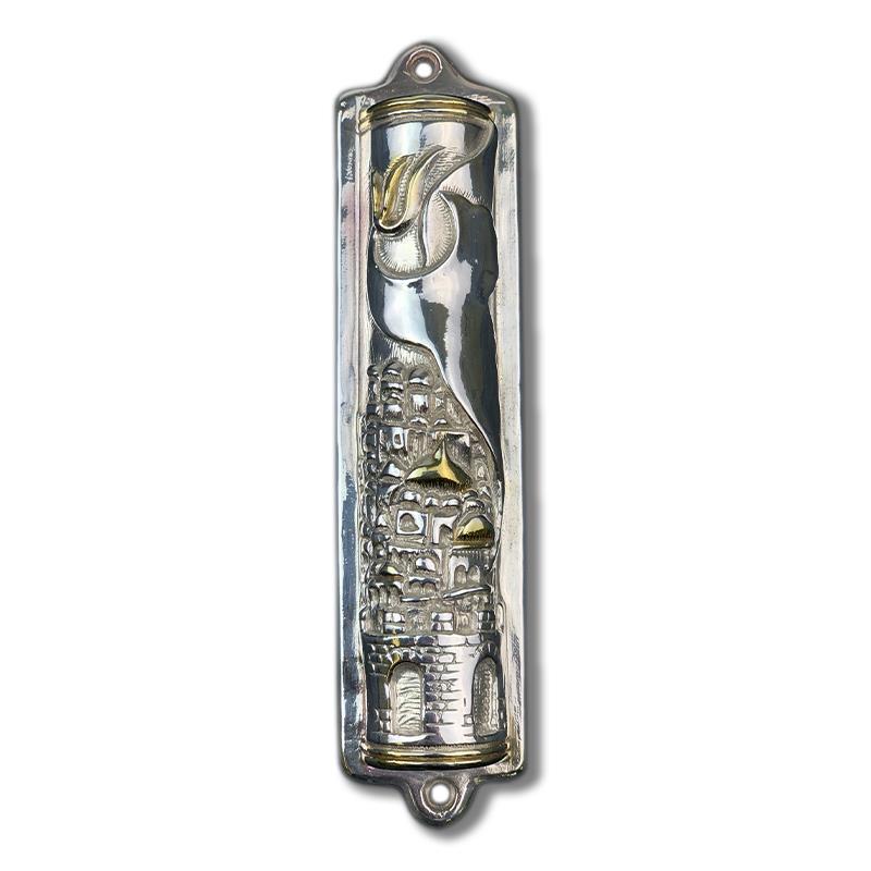 Mezuzah by Abecassis, Raphael: Mezuzah by Abecassis, Raphael. This is a sterling silver electroform mezuzah case by Raphael Abecassis. Accompanied by a certificate of authenticity, it measures approximately 1.4" x 6" x 0.6".