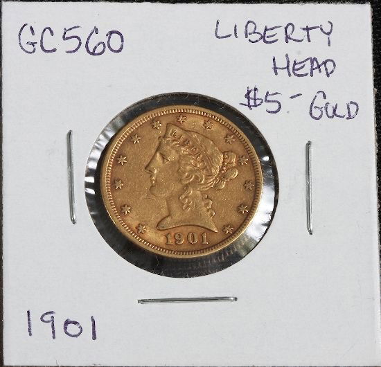 1901 Liberty Head $5.00 Gold Coin GC560: 1901 Liberty Head $5.00 Gold Coin GC560 - Good Circulated Condition - 6F572A5 - Thank you for viewing this lot. We have many great items for sale. Please check our future auctions and listings from Se