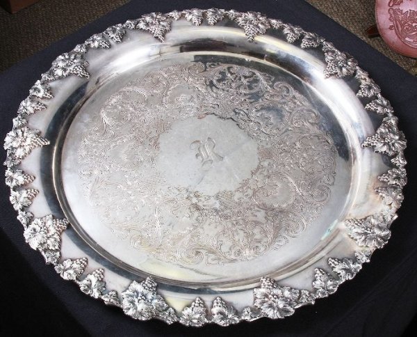 Large 17" 1620gm. Vintge Ornate Silver Rothschild : Large 17 1620gm. Vintge Ornate Silver Rothschild Tray - Excellent Condition 1,620 grams. RE1050E. Consigner tells us that this serving tray/platter is part of the Rothschild Estate. Very nice, good we