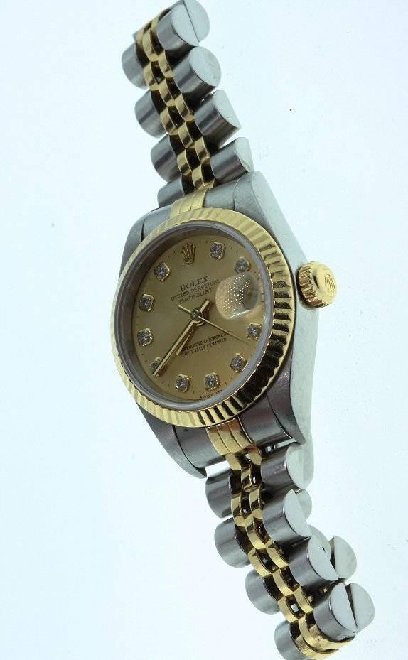 Ladies 18KT Rolex Two-Tone DateJust Watch W23: Ladies 18KT Rolex Two-Tone DateJust Watch W23 - Good Condition. 1A10029X. Over 56 grams total weight. Full Letter of Authenticity and Appraisal from AIG included. - Thank you for bidding on this item 
