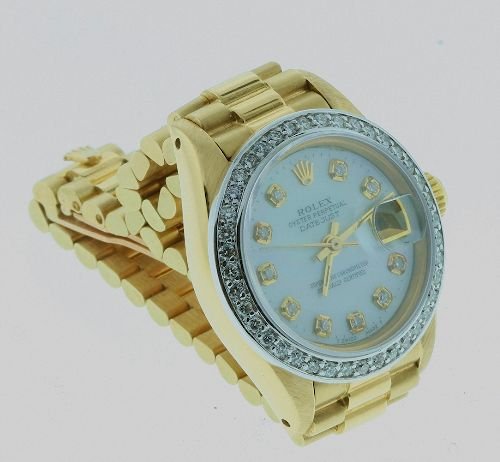 Ladies 18KTY Rolex Gold President DateJust Watch W: Ladies 18KTY Rolex Gold President DateJust Watch W30 Full Letter - Great Condition - 1.00 ct diamonds, 68.47 gm, Full Appraisal Letter from AIG. Appraised at $22,100.00. - Thank you for viewing this a