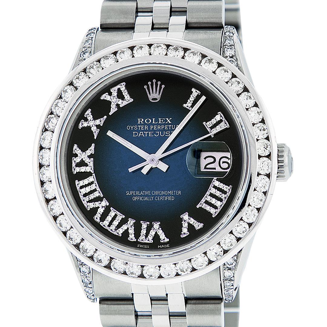 Rolex Mens Stainless Steel Blue Vignette Roman 3 ctw: One Mens Stainless Steel Rolex Datejust Polished Bright with Satin Finish, Serviced & Electronically Tested, Stainless Steel Case: 36mm, Diamond Lugs: 24 Diamonds On Lugs, Color: G to H, Clarity: SI-V