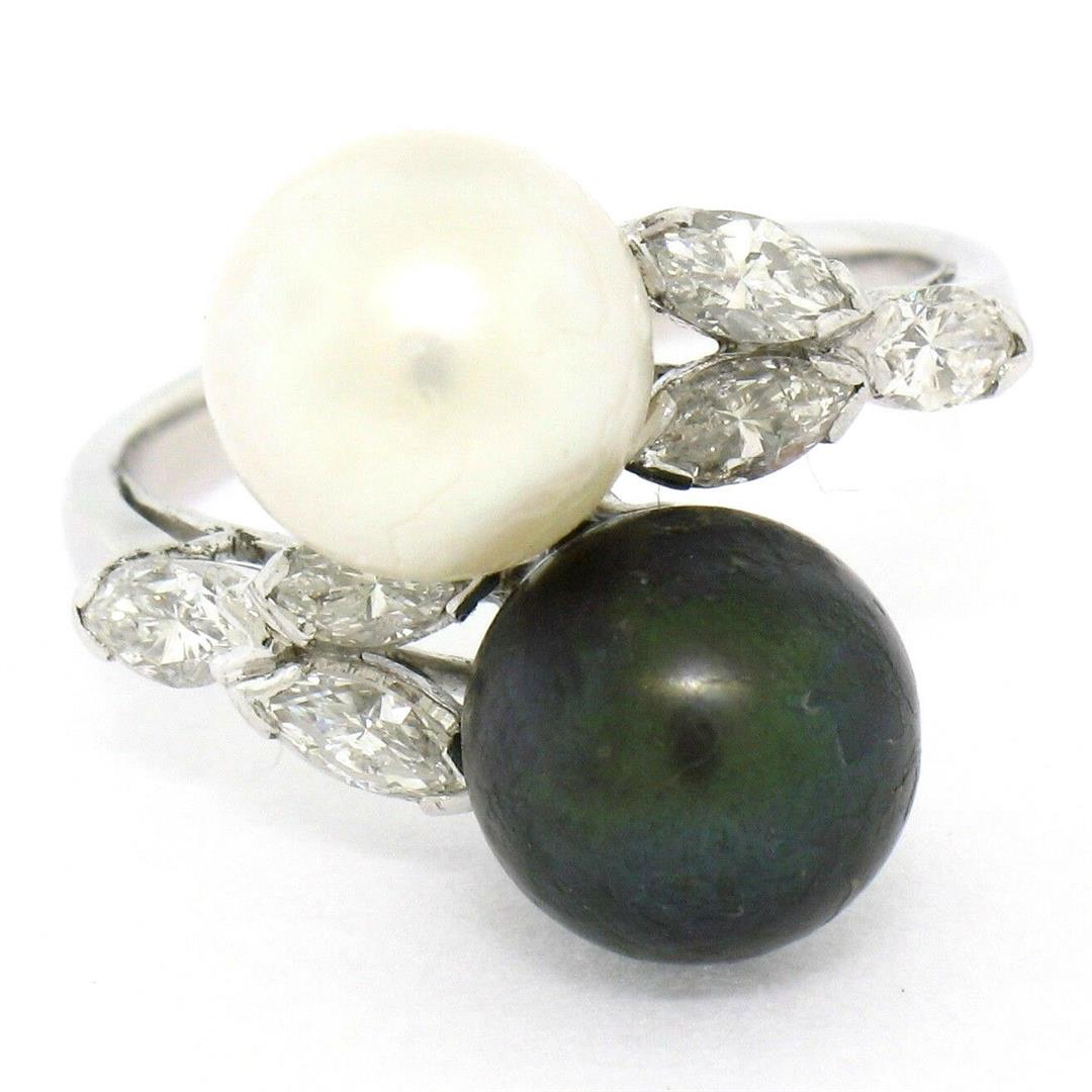Solid Platinum Tahitian Black White Pearl Marquise: One Solid Platinum Cultured Tahitian Black Pearl .36ctw Diamond Bypass Cocktail Ring. Item Details: Material: Solid .950 Platinum, Weight: 6.67 Grams, Stone(s): (1) Cultured Tahitian Pearl - Round Sha