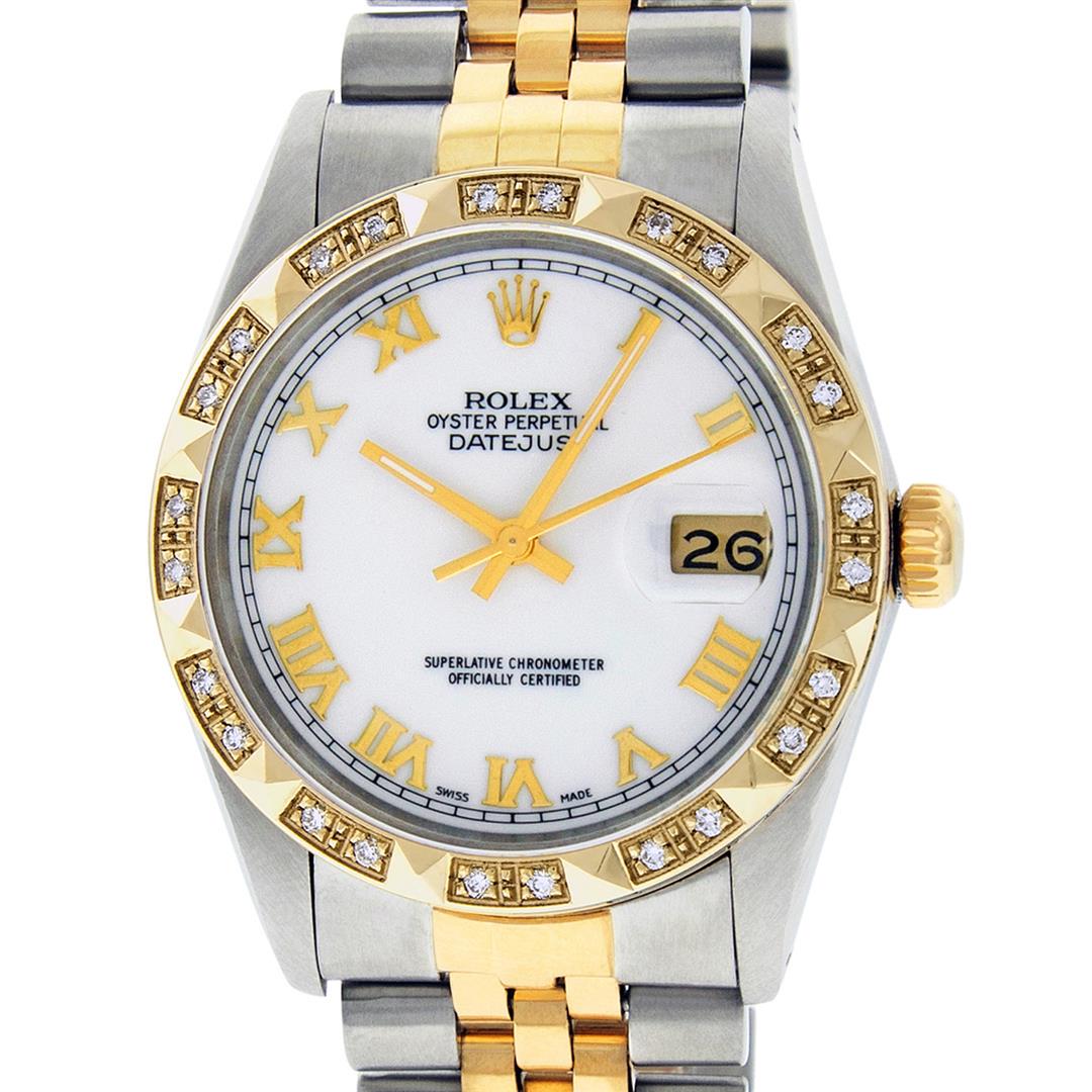 Rolex Mens 2 Tone MOP Roman Pyramid Diamond Bezel: One Mens Yellow Gold Rolex Datejust Polished Bright with Satin Finish, Serviced & Electronically Tested, Stainless Steel Case: 36mm, Yellow Gold Crown, Custom Bezel: New 18K Yellow Gold Pyramid Diamon
