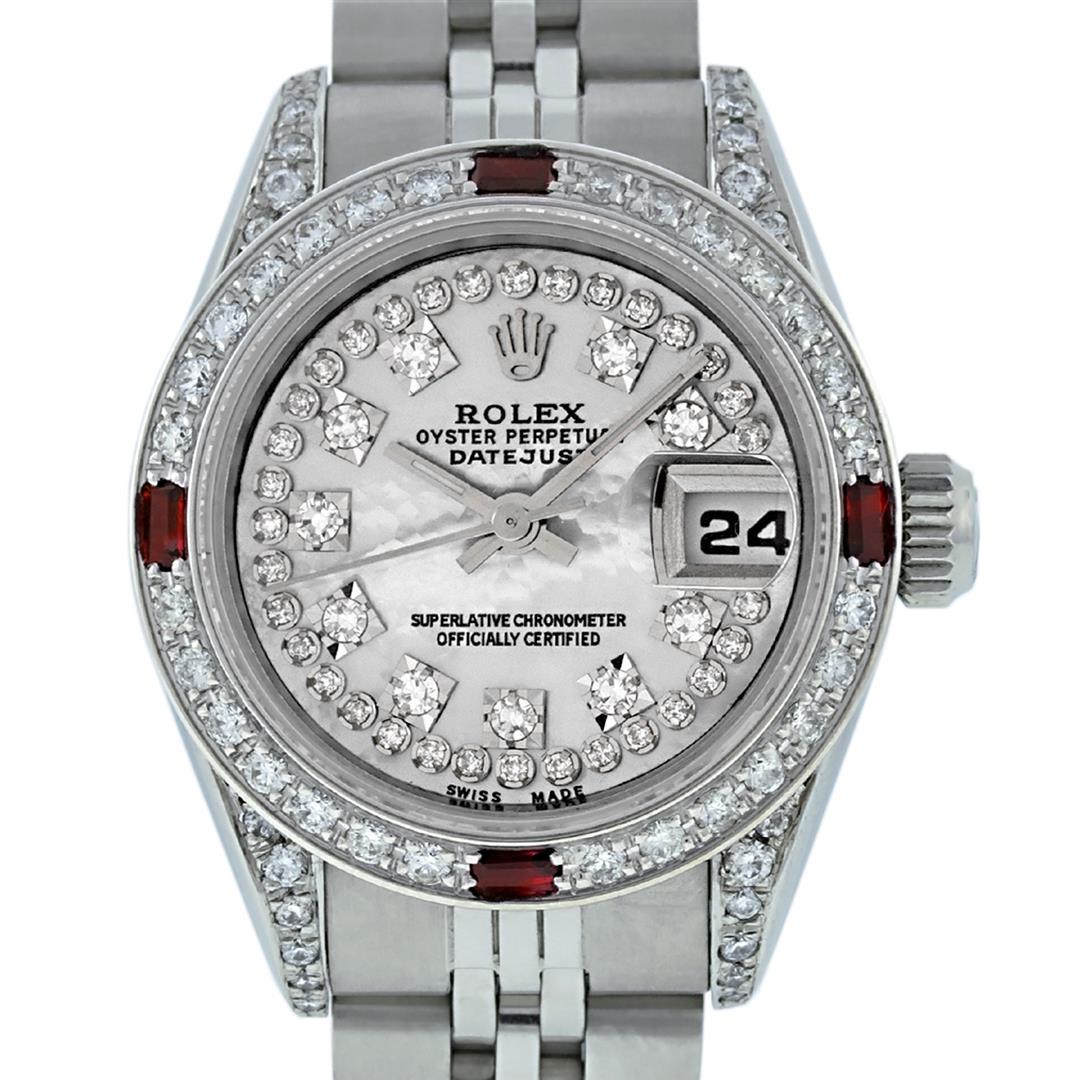 Rolex Ladies 26 Quickset Datejust MOP String Diamond: One Quickset Ladies Stainless Steel Rolex Datejust Polished Bright with Satin Finish, Serviced & Electronically Tested, Stainless Steel Case: 26mm, Stainless Steel Crown, Custom Diamond Lugs: 24 Diamo
