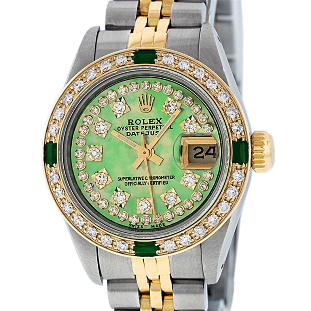 Rolex Ladies 26 Green String Diamond & Emerald Datejust: One Ladies Two Tone Rolex Datejust Polished, Serviced & Electronically Tested, Yellow Gold & Stainless Steel Case: 26mm, Yellow Gold Crown, Custom Bezel: New 18K Yellow Gold Emerald Beadset Diamond Be