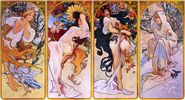 Alphonse Mucha - Four Seasons: Artist: Alphonse Mucha - Title: Four Seasons - Medium: Fine Art Giclee on Canvas - Image Size: Approximately 10.75 inches x 20 inches - Unframed on Unstretched Canvas - Biography: Alphonse Mucha 24 Ju