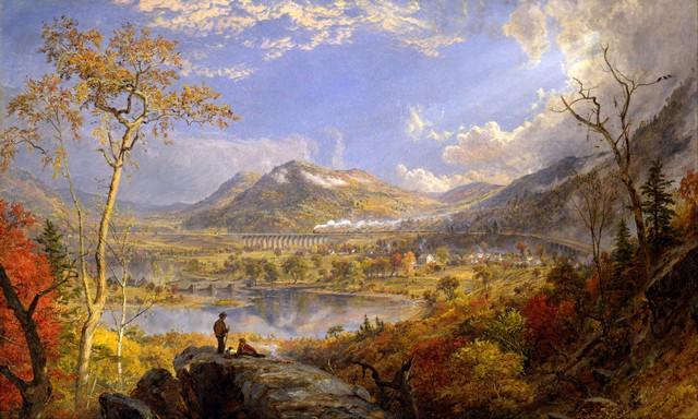 Jasper Francis Cropsey - Starrucca Viaduct,: Artist: Jasper Francis Cropsey - Title: Starrucca Viaduct, Pennsylvania - Medium: Fine Art Giclee on Canvas - Image Size: Approximately 19 inches x 32 inches - Framed: Unframed on Unstretched Canvas -