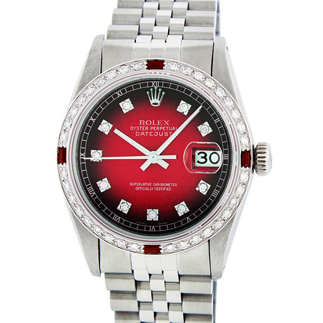 Rolex Mens Stainless Steel Red Vignette Diamond & Ruby: One Mens Stainless Steel Rolex Datejust Polished, Serviced & Electronically Tested, Stainless Steel Case: 36mm, Stainless Steel Crown, Custom Bezel: New 18K White Gold Ruby Beadset Diamond Bezel, Diam
