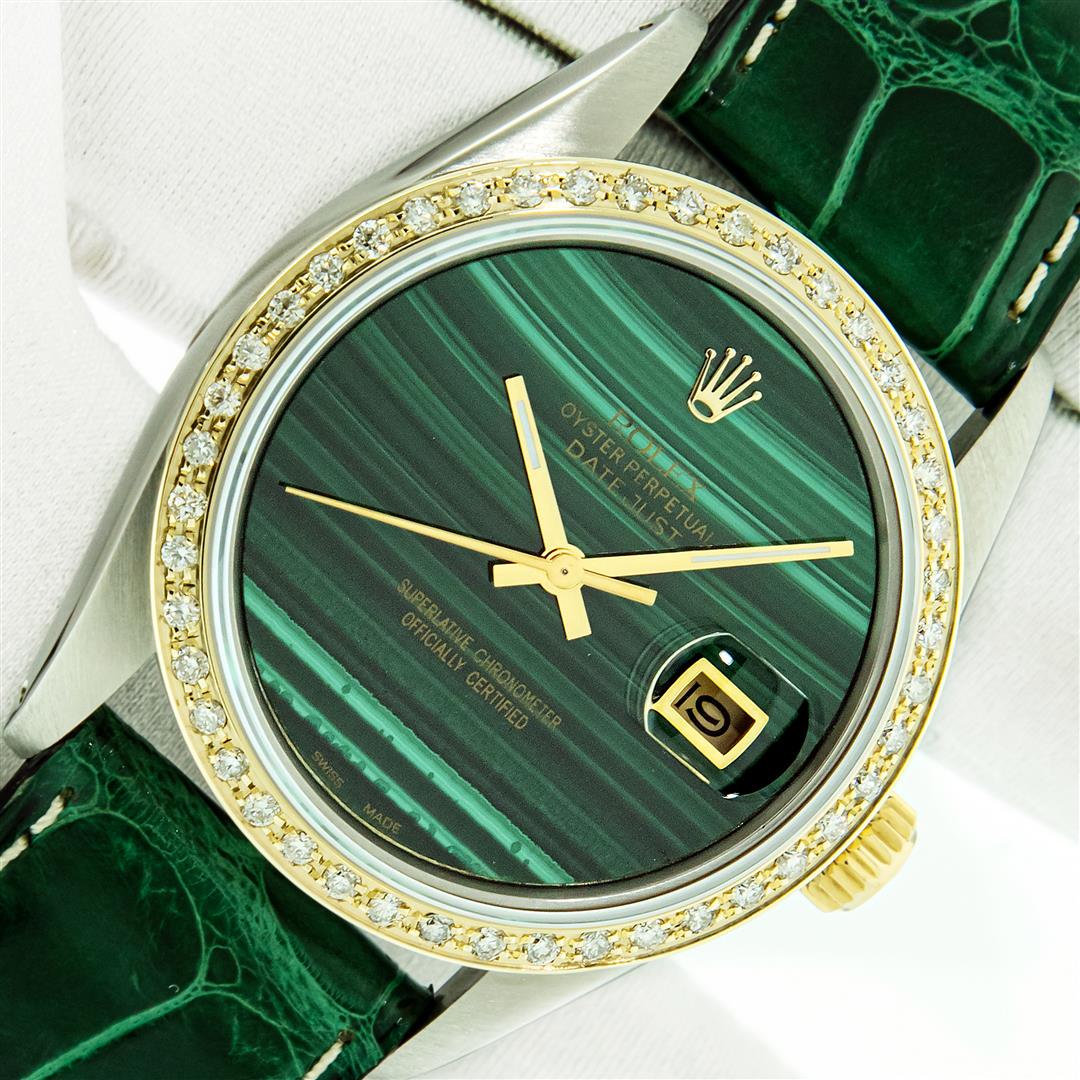 Rolex Datejust Mens 36 Green Malachite Diamond Bezel: One Mens Yellow Gold Two Tone Rolex Datejust Polished, Serviced & Electronically Tested, Yellow Gold & Stainless Steel Case: 36mm, Yellow Gold Crown, Custom Bezel: 18K Yellow Gold Beadset Diamond Beze