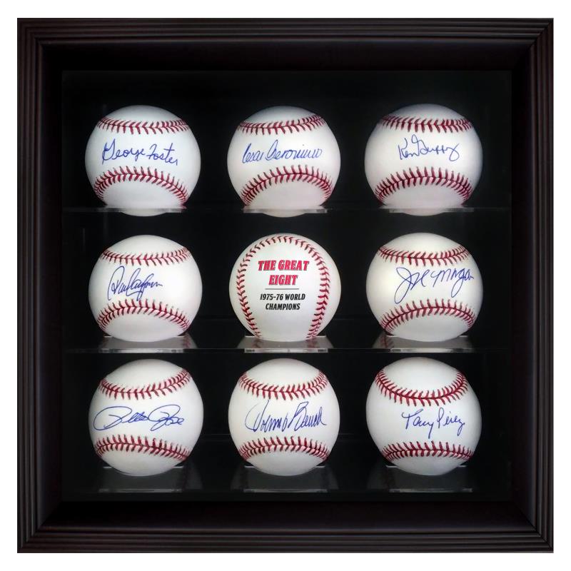 BRM Starting 8 Ball Set by Rose, Pete: BRM Starting 8 Ball Set by Rose, Pete. This cased set of nine balls features signatures from the Big Red Machine's starting eight; Johnny Bench (c), Tony Perez (1b), Joe Morgan (2b), Dave Concepcion (