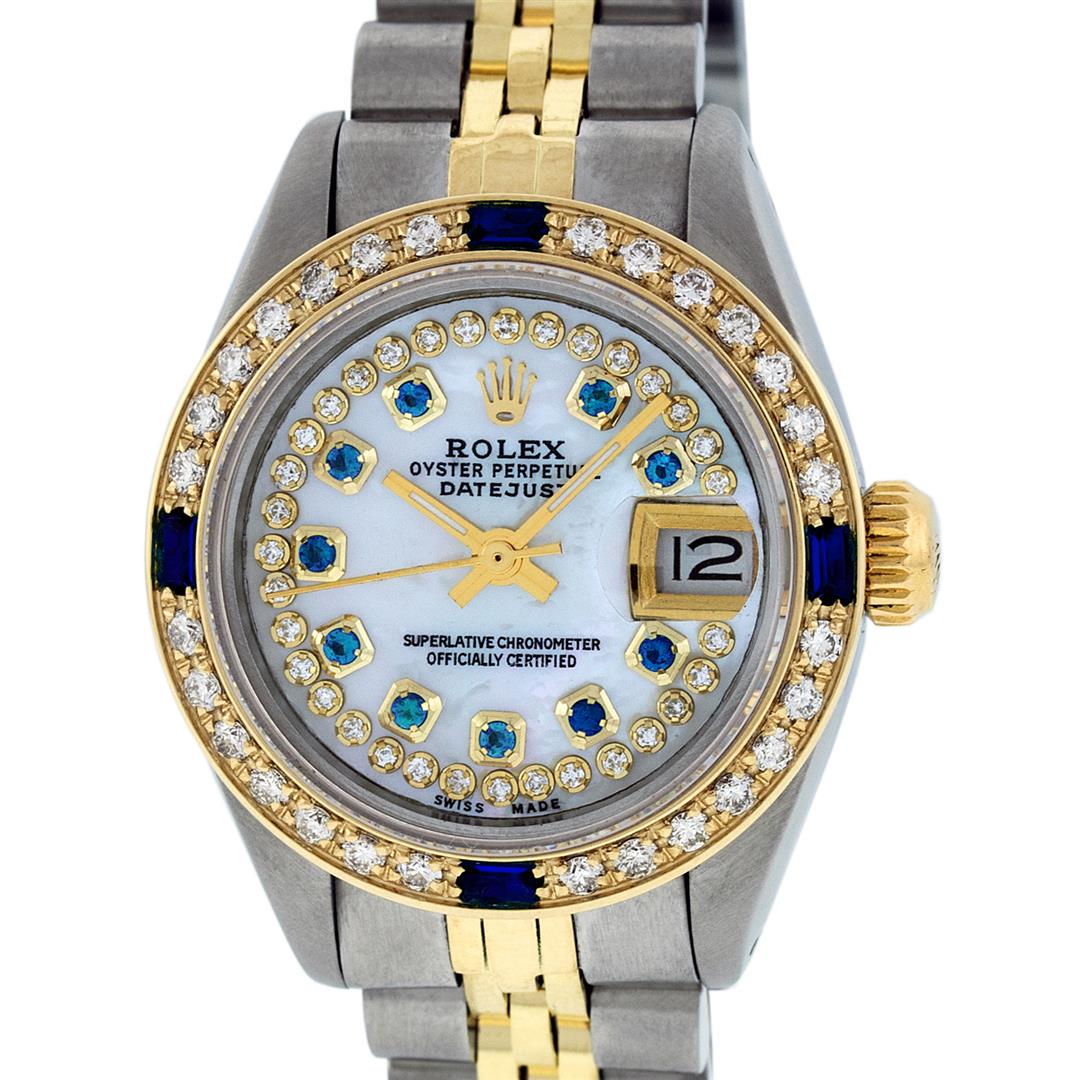 Rolex Ladies 2 Tone MOP Sapphire String Diamond Oyster: One Ladies Two Tone Rolex Datejust Polished, Serviced & Electronically Tested, Yellow Gold & Stainless Steel Case: 26mm, Yellow Gold Crown, Custom Bezel: New 18K New Yellow Gold Sapphire Beadset Diamo