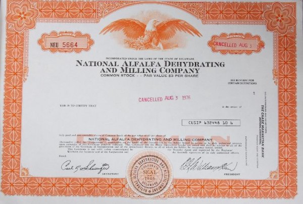 Common Stock National Alfalfa Dehydrating and Mill: Common Stock National Alfalfa Dehydrating and Milling Co. Cancelled 3 Shares - As-Is Condition - Thank you for viewing this auction. We appreciate your business. Check out our future auctions from Sei