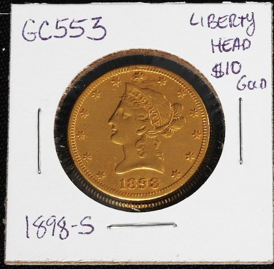 1898-S Liberty Head Gold $10.00 Coin GC553: 1898-S Liberty Head Gold $10.00 Coin GC553 - VF Condition, Circulated Vintage Gold Coin - S95258M - Thank you for viewing this lot. We have many great items for sale. Please check our future auctions