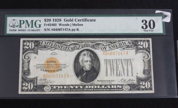 1928 $20.00 Gold Cert. PMG 30 EPQ AW18: 1928 $20.00 Gold Cert. PMG 30 EPQ AW18 - 6T102AS. Amazing Vintage U.S. Paper Currency. Professionally Graded. - Thank you for viewing this lot. We have many great items for sale. Please check our futu