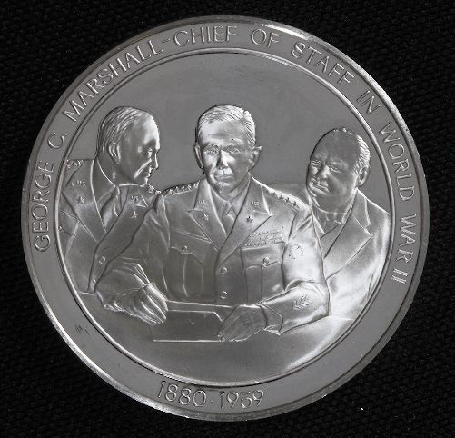 George C. Marshall - Sterling Silver #42 History C: George C. Marshall - Sterling Silver #42 History Coin - Franklin Mint One Troy Ounce Sterling Silver 1970's U.S. History Collectible Coin. Good Condition. Handled, circulated with some scratches. - Th