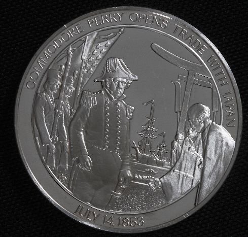 Commodore Perry - Sterling Silver #59 History Coin: Commodore Perry - Sterling Silver #59 History Coin - Franklin Mint One Troy Ounce Sterling Silver 1970's U.S. History Collectible Coin. Good Condition. Handled, circulated with some scratches. - Thank